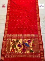 Designer Pallu Paithani Saree - Parrot Peacock — full saree draped and laid flat — Vidhate Paithani, Yeola