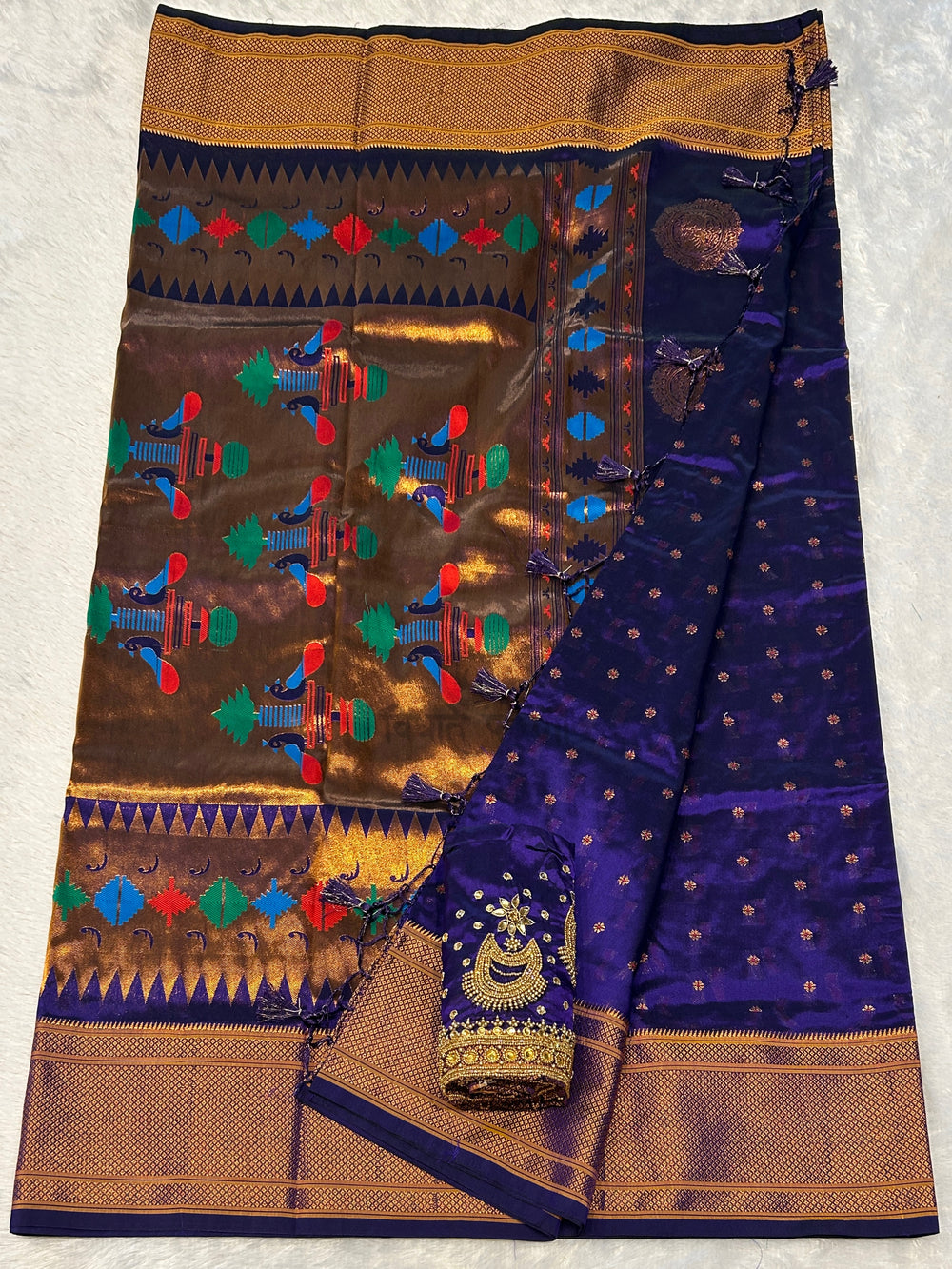 Kalanjali Semi Paithani Saree - Designer Work Blouse - Navy 2