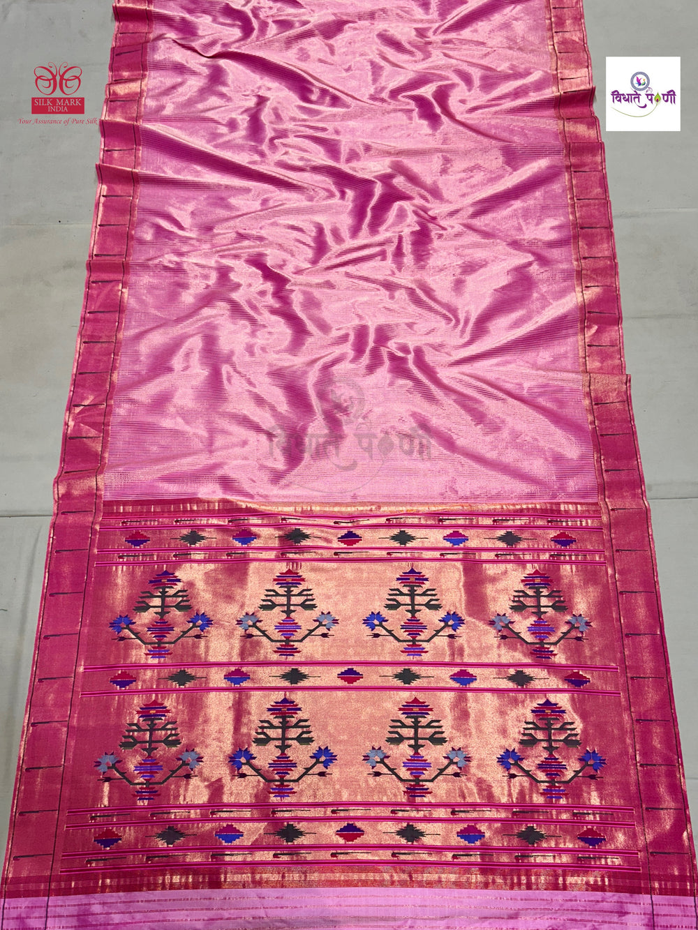 Handloom Pure Silk Single Munia Paithani Saree - Stripes - Pastel Pink
