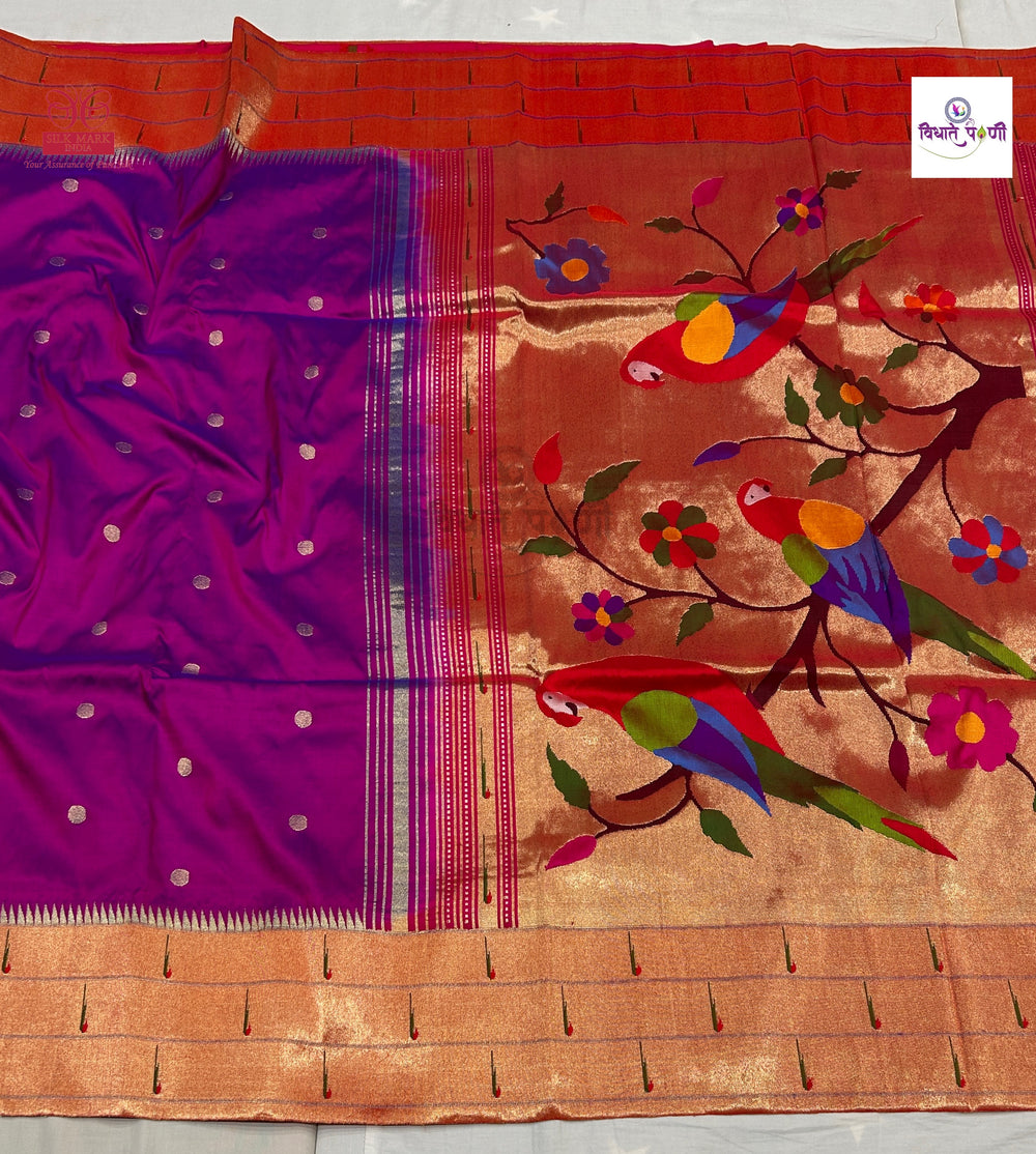 Handloom Pure Silk Triple Munia Border Paithani Saree - Magenta