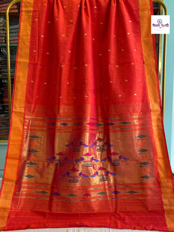 Orange Handloom Pure Cotton Paithani Saree - Double Pallu