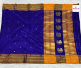 Blue Narayanpeth Single Ply Pure Silk Saree — full saree draped and laid flat — Vidhate Paithani, Yeola