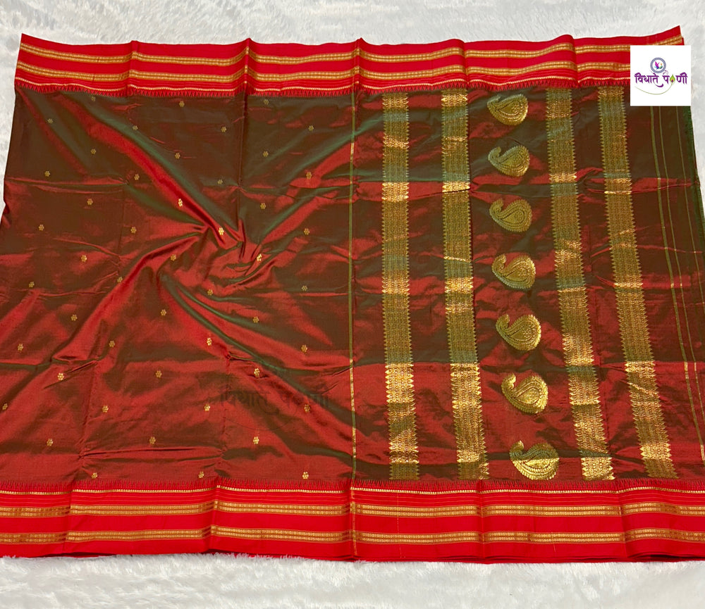 Anjeri Narayanpeth Single Ply Pure Silk Saree — full saree draped and laid flat — Vidhate Paithani, Yeola