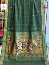 BottleGreen Handloom Pure Cotton Paithani Saree - Double Pallu
