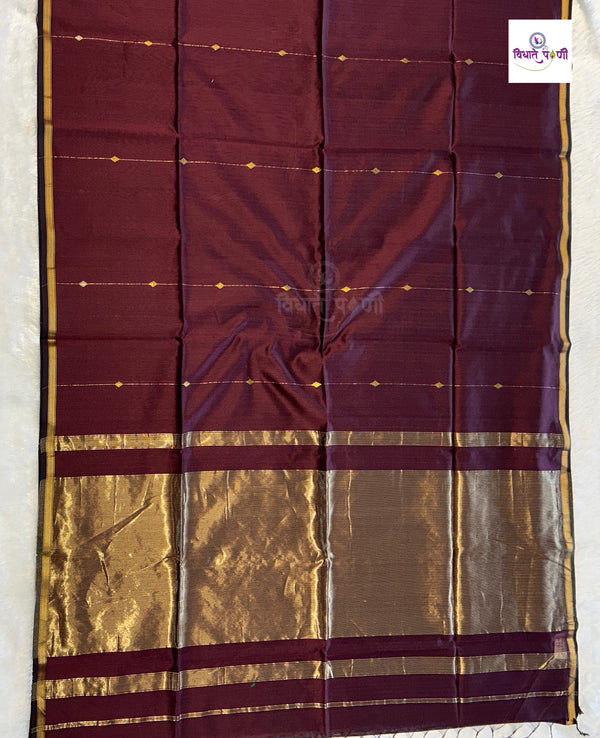 Handloom Pure Silk by Cotton Maheshwari Sarees- Stripes — full saree draped and laid flat — Vidhate Paithani, Yeola