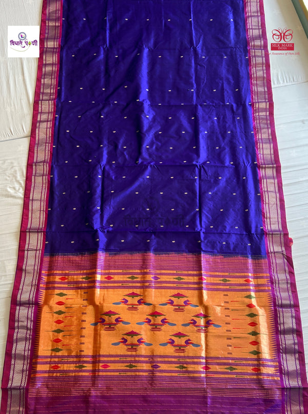 Handloom Pure Silk Double Pallu Paithani Saree - Blue