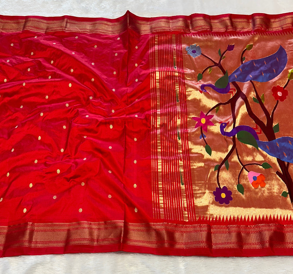 Handloom Pure Silk Designer Pallu Paithani- 9 Yard Red