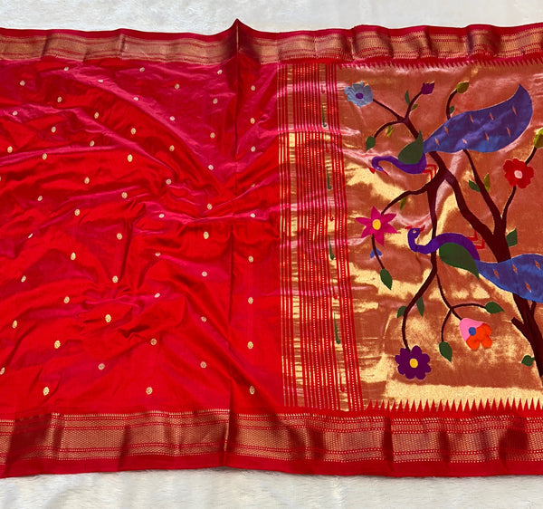 Handloom Pure Silk Designer Pallu Paithani- 9 Yard Red