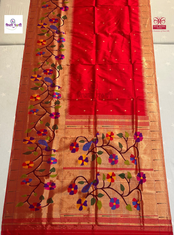 Handloom Pure Silk Half All Over Brocade Paithani Saree- Red