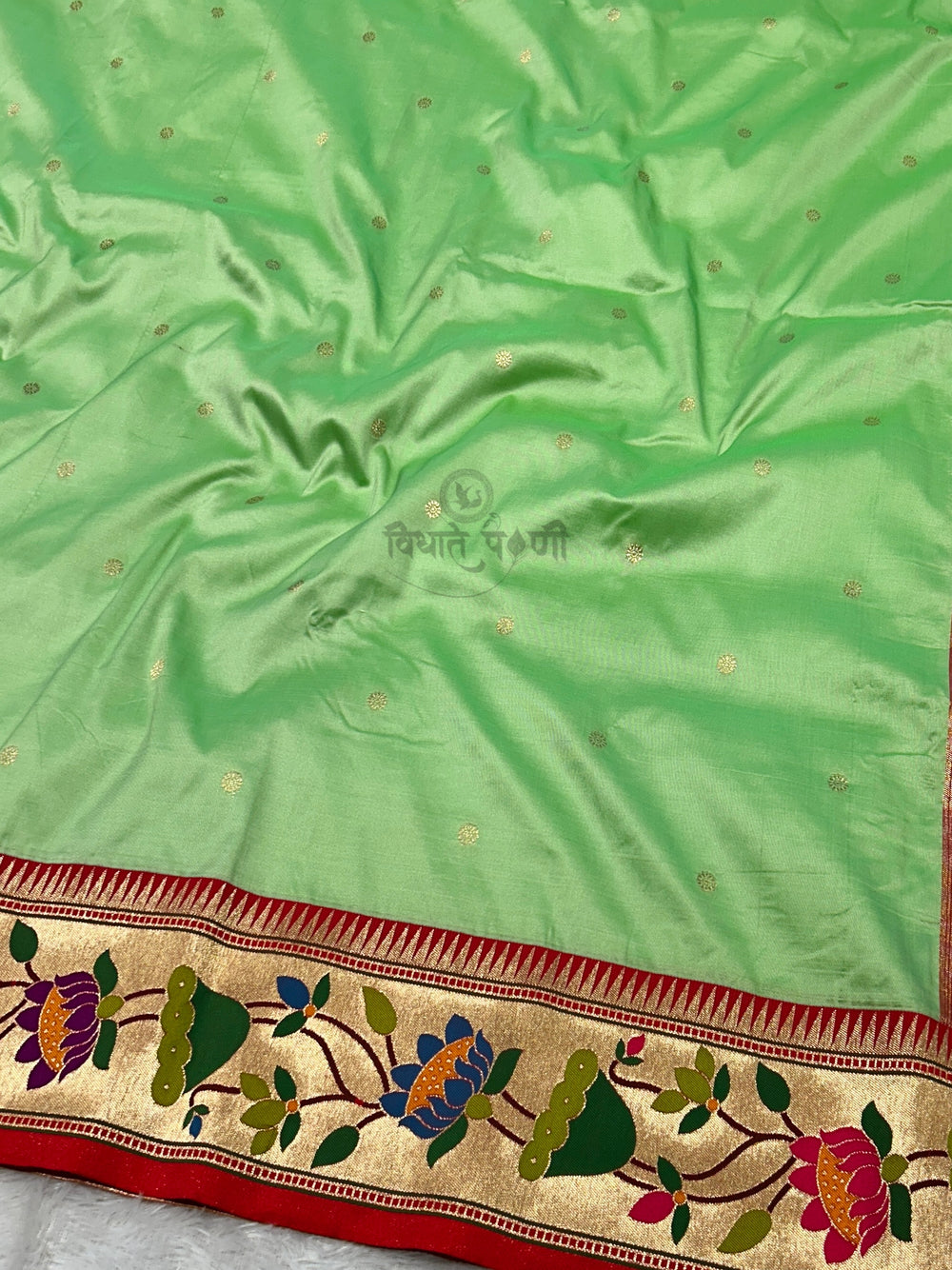 Lotus Border Soft Silk Paithani Sarees - Pastel Green