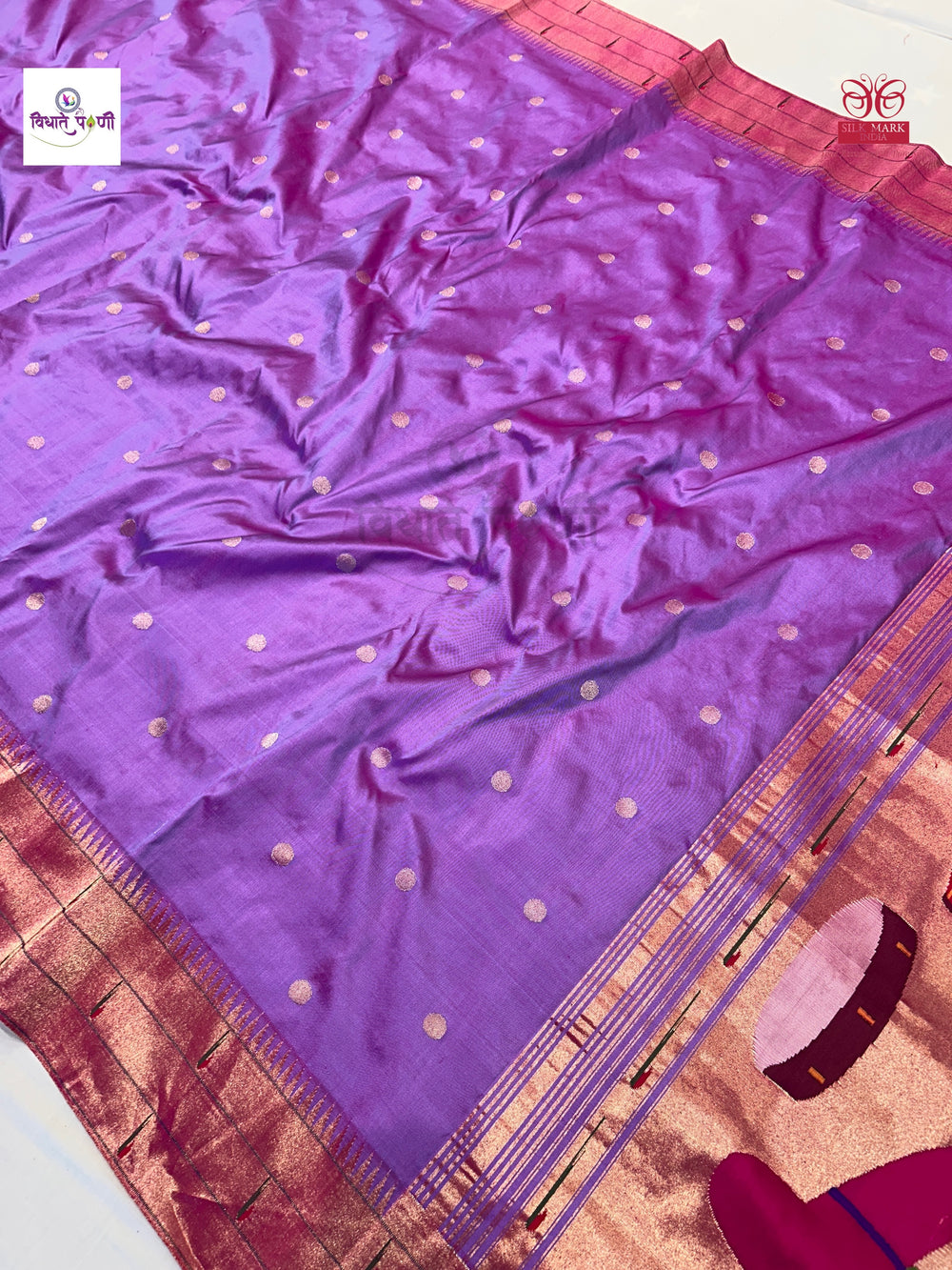 Handloom Pure Silk Triple Munia Border Paithani Saree - Lavender 2