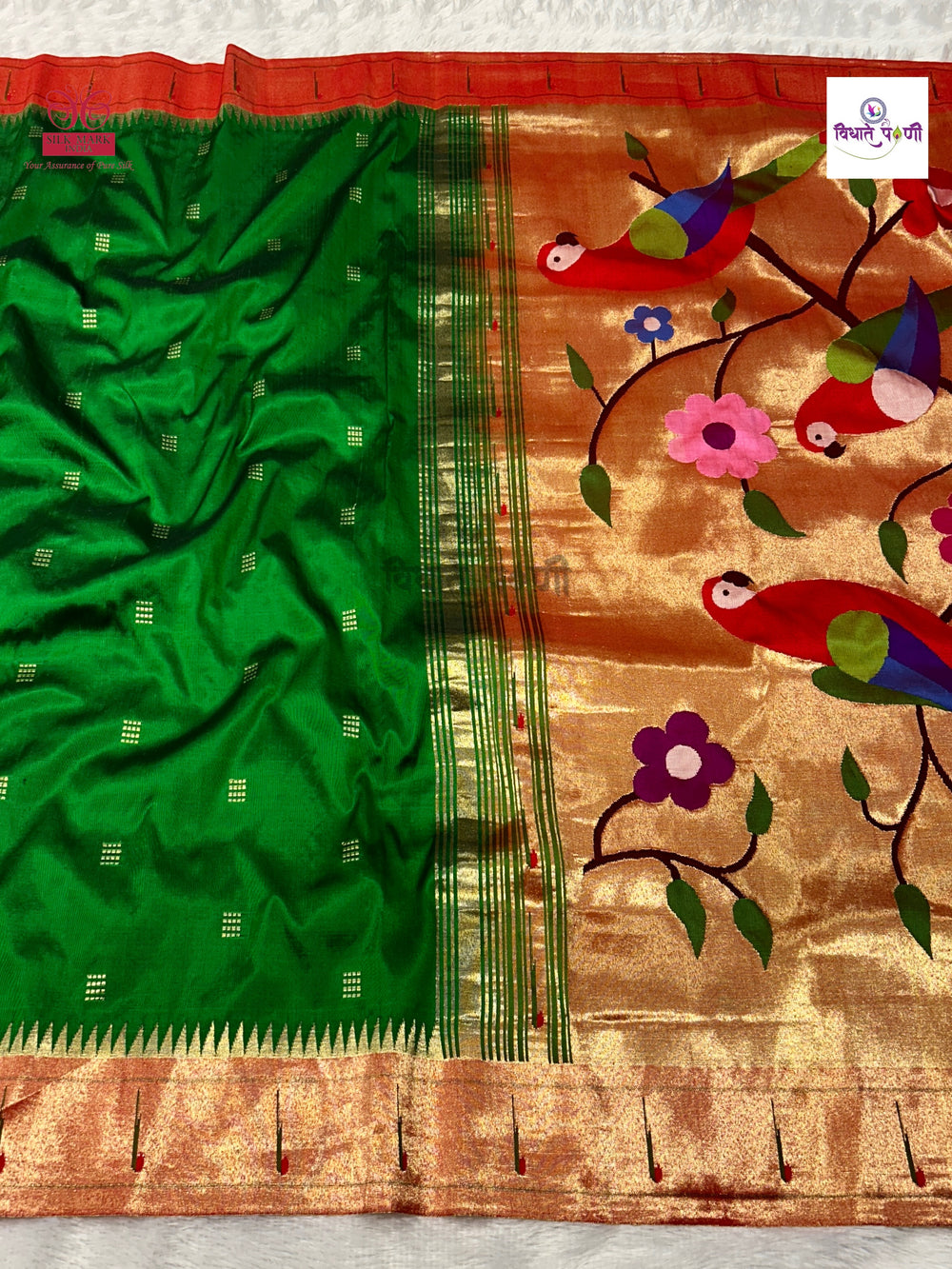 Handloom Pure Silk Single Munia Paithani Saree - Green