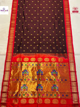 Brown Handloom Pure Silk Maharani Paithani Saree — full saree draped and laid flat — Vidhate Paithani, Yeola