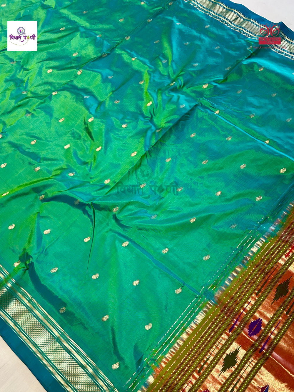 Handloom Pure Silk Double Pallu Paithani Saree - Sea Green