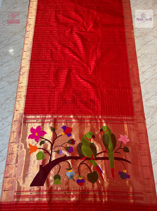 हातमाग शुद्ध रेशमी एकेरी मुनिया पैठणी साडी - पट्टे - आकाशी