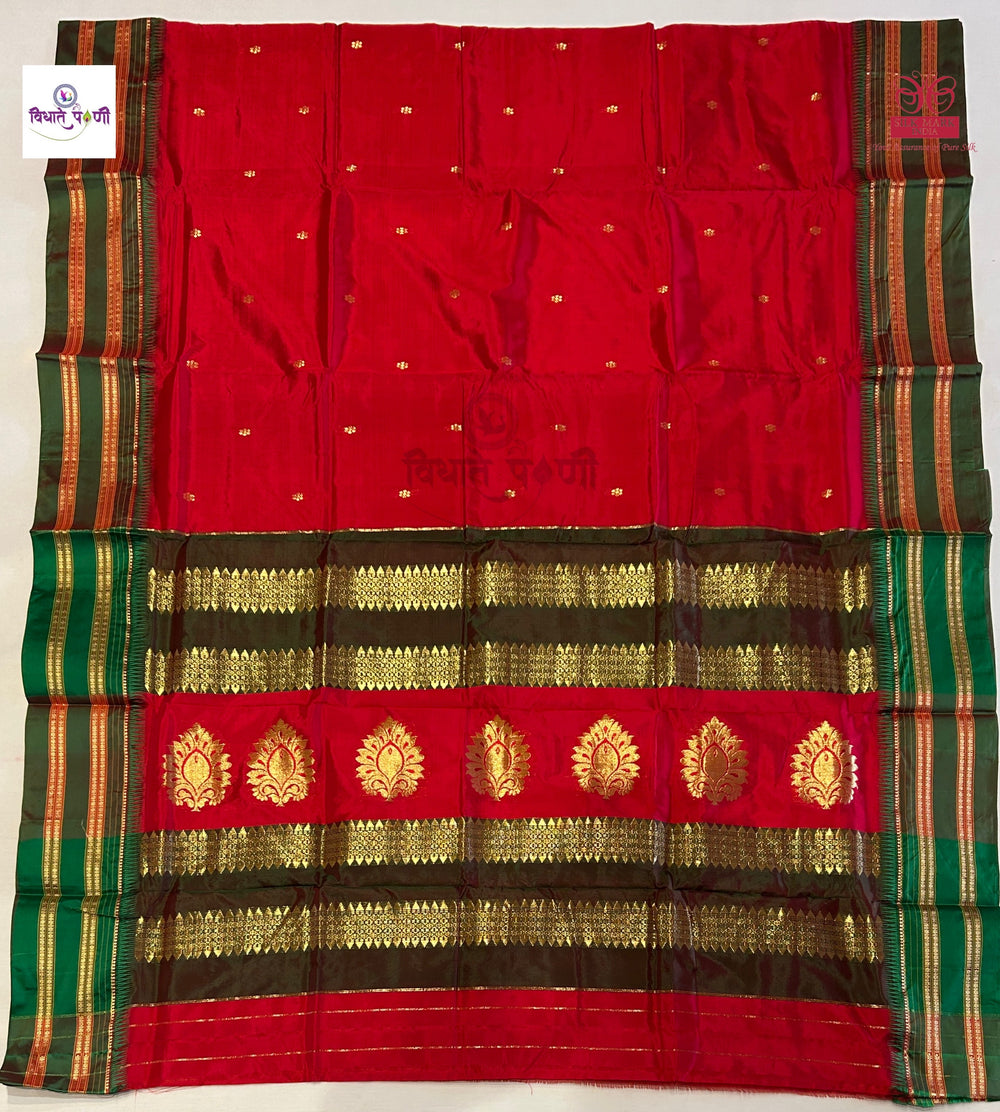 Red Narayanpeth Single Ply Pure Silk Saree — full saree draped and laid flat — Vidhate Paithani, Yeola