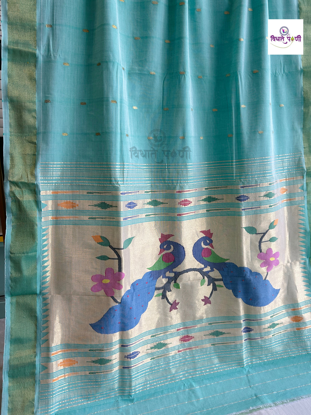 Handloom Pure Cotton Paithani Saree - Elegant Peacock - Pista Green