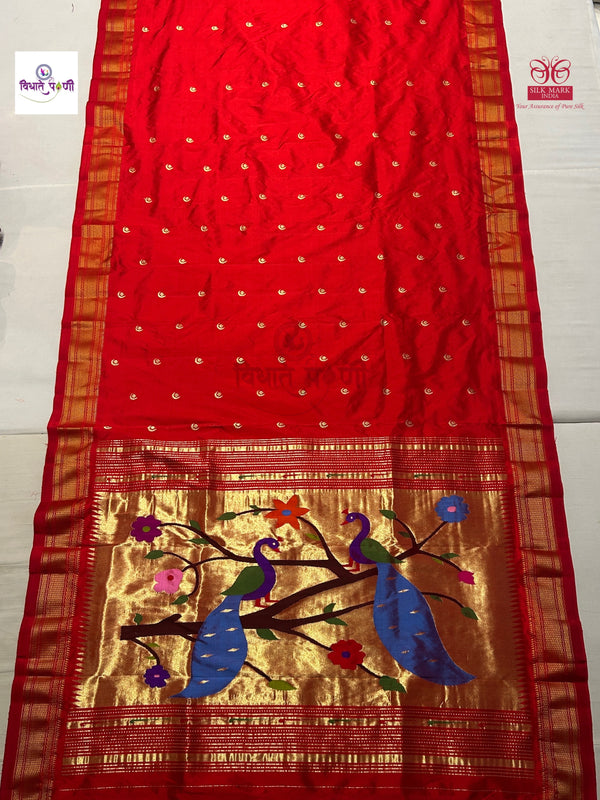 Handloom Pure Silk Chandrakor Butta Paithani Saree - Red