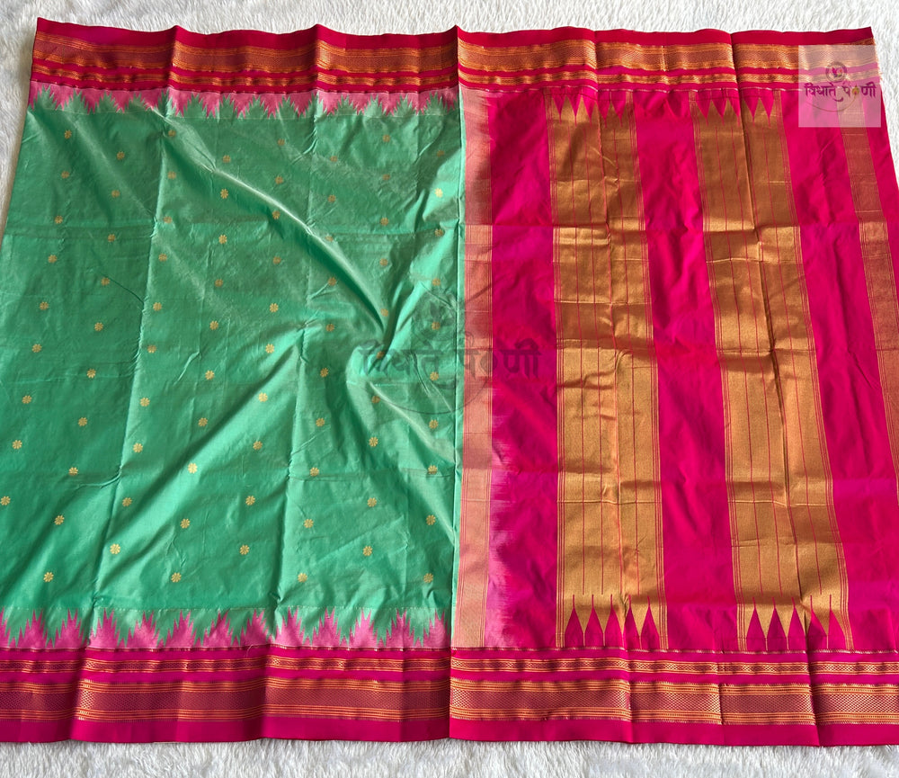 Traditional Pure Silk Irkal Butta Sarees- Temple Border - Pista Green with Pink