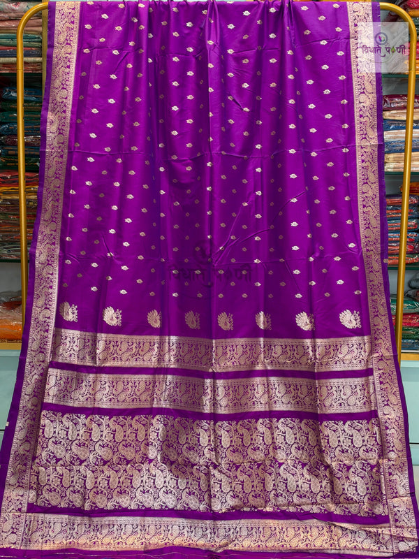Peshwai Soft Silk Saree- Magenta — full saree draped and laid flat — Vidhate Paithani