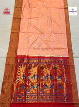 Peach Powerloom Pure Silk Triple Munia Paithani Saree — full saree draped and laid flat — Vidhate Paithani, Yeola