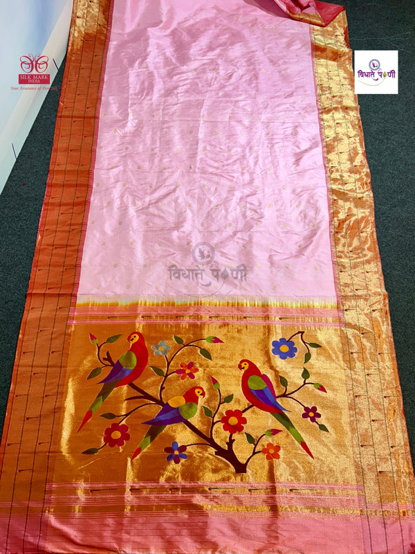 Handloom Pure Silk Triple Munia Border Paithani Saree - Pastel Pink