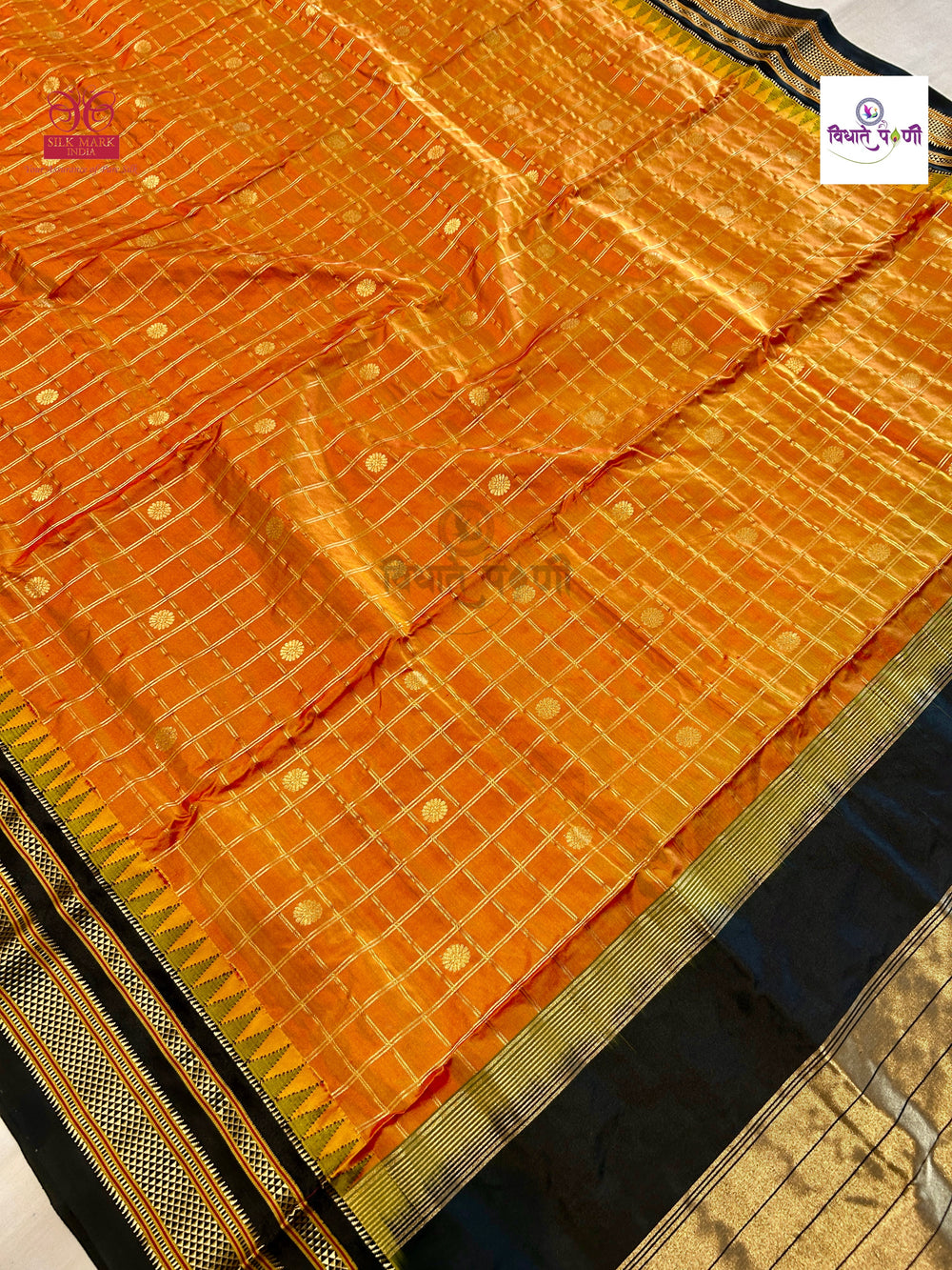 Traditional Irkal Pure Silk Checks Saree- Orange