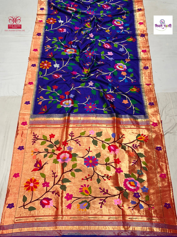 Handloom Pure Silk All Over Brocade Paithani Saree- Blue