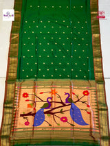 Green Handloom Pure Silk Chandrakor Butta Paithani Saree — full saree draped and laid flat — Vidhate Paithani, Yeola