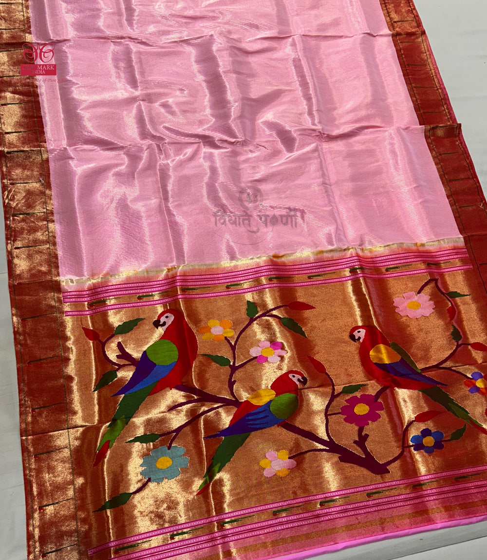 Handloom Pure Silk Single Munia Paithani Saree - Pastel Pink