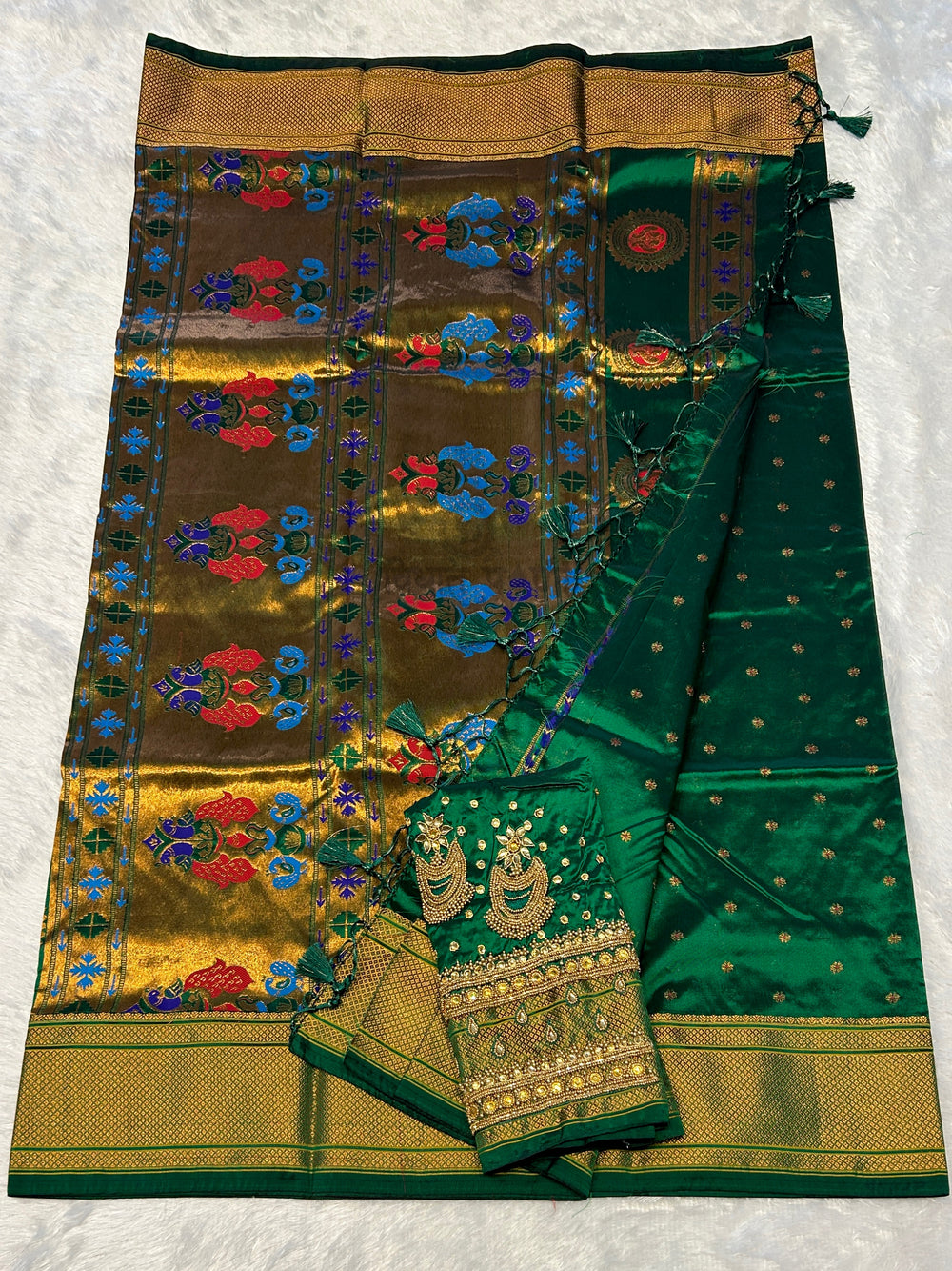 Kalanjali Semi Paithani Saree - Designer Work Blouse - Bottle Green 2