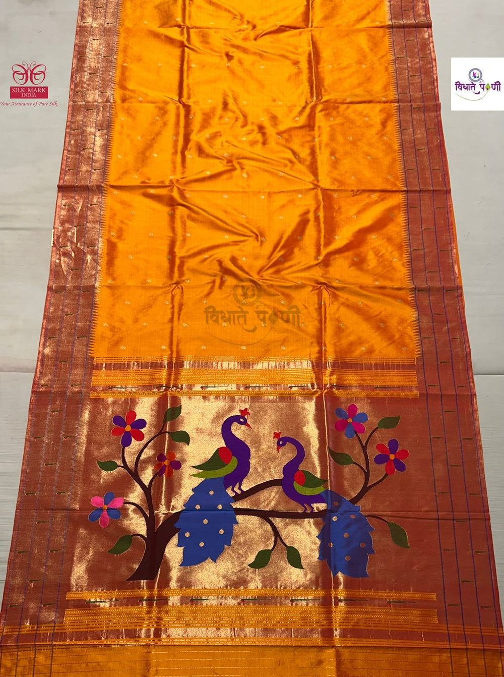Handloom Pure Silk Triple Munia Border Paithani Saree - Mango