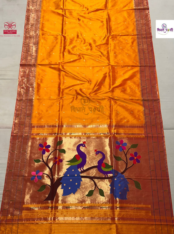 Handloom Pure Silk Triple Munia Border Paithani Saree - Mango