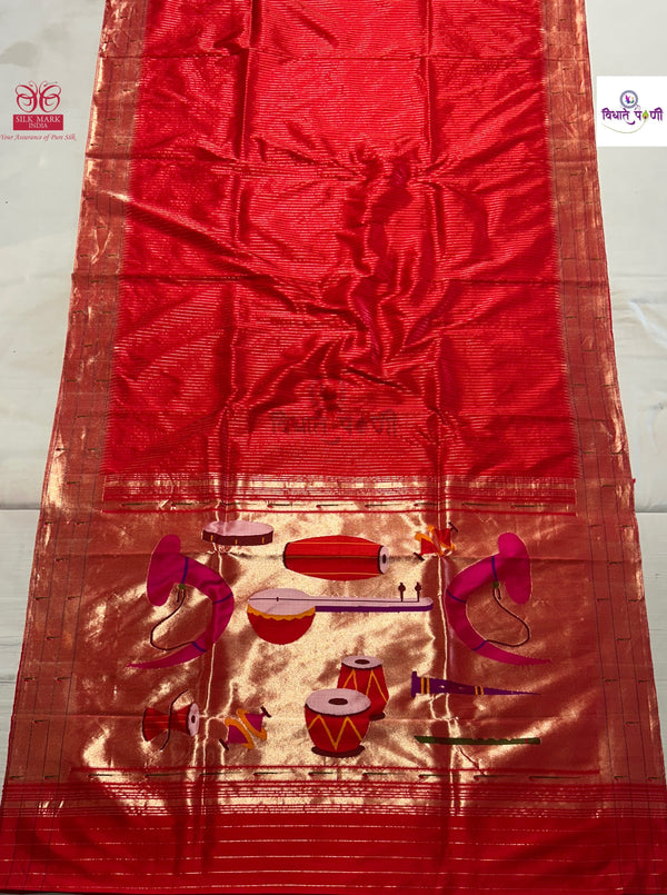 Handloom Pure Silk Triple Munia Border Paithani Saree - Red 3