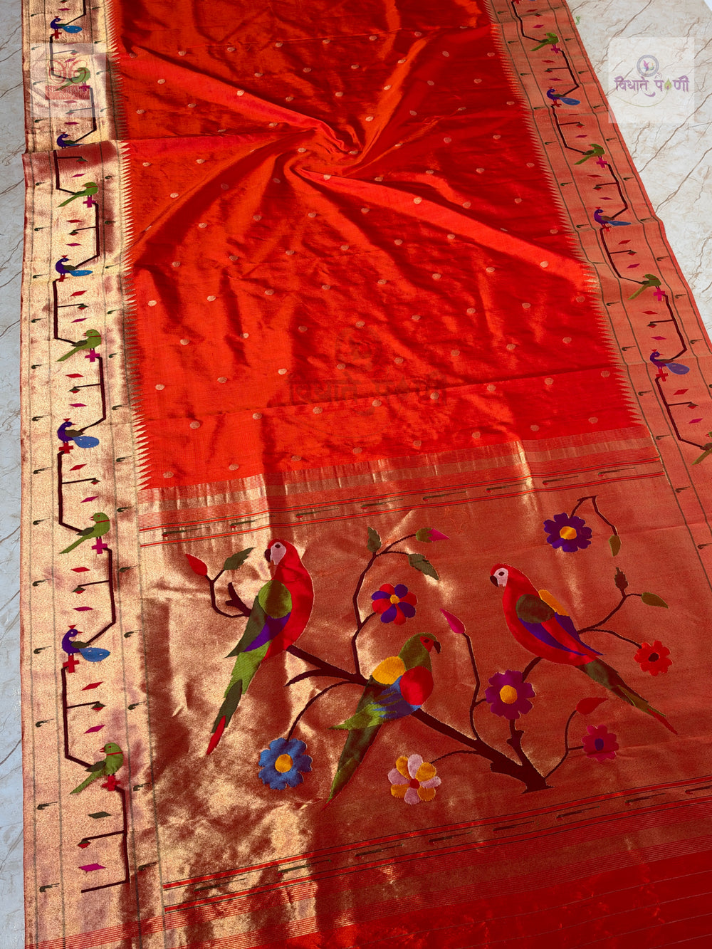 Handloom Pure Silk Paithani Saree - Brocade Border Designer Pallu — border close-up — Vidhate Paithani, Yeola