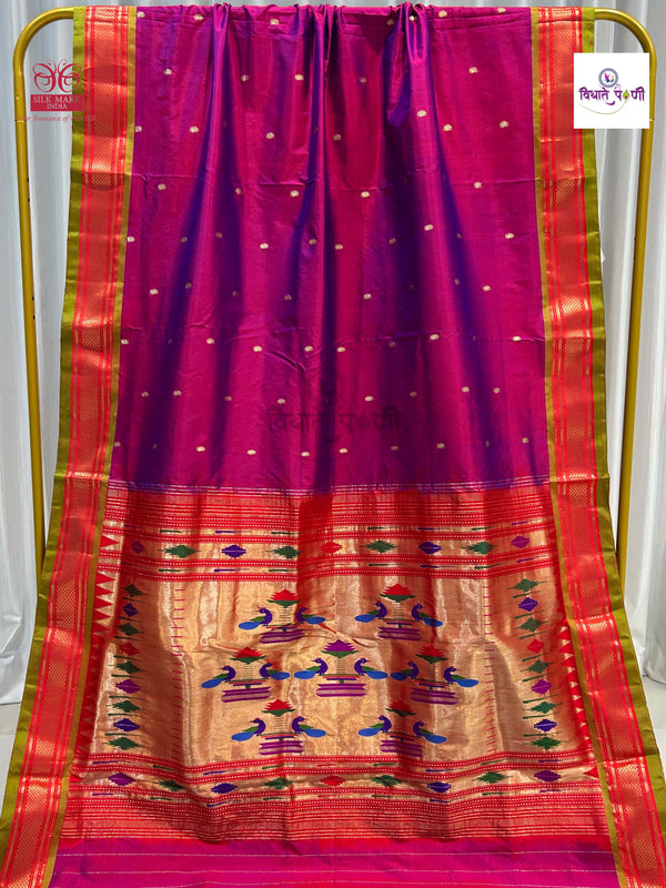 Handloom Pure Silk Double Pallu Paithani Saree - Pomegranate