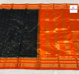 Black Traditional Pure Silk Irkal Butta Sarees — full saree draped and laid flat — Vidhate Paithani, Yeola