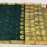 Jijamata Single Ply Pure Silk Saree – Bottle Green — full saree draped and laid flat — Vidhate Paithani, Yeola