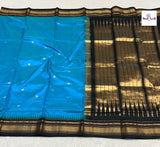 Sky Blue Traditional Pure Silk Irkal Butta Sarees — full saree draped and laid flat — Vidhate Paithani, Yeola