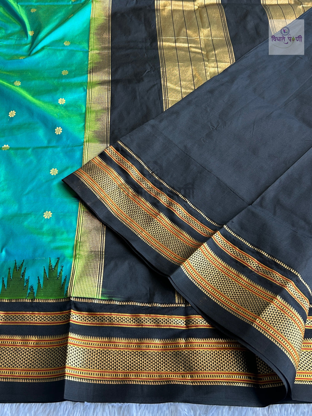 Traditional Pure Silk Irkal Butta Sarees- Temple Border - Turquoise