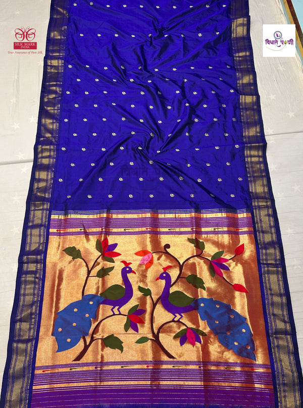 Handloom Pure Silk Chandrakor Butta Paithani Saree - Blue
