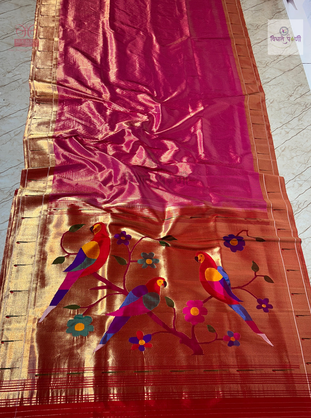Handloom Pure Silk Single Munia Paithani Saree - Pink — full saree draped and laid flat — Vidhate Paithani, Yeola