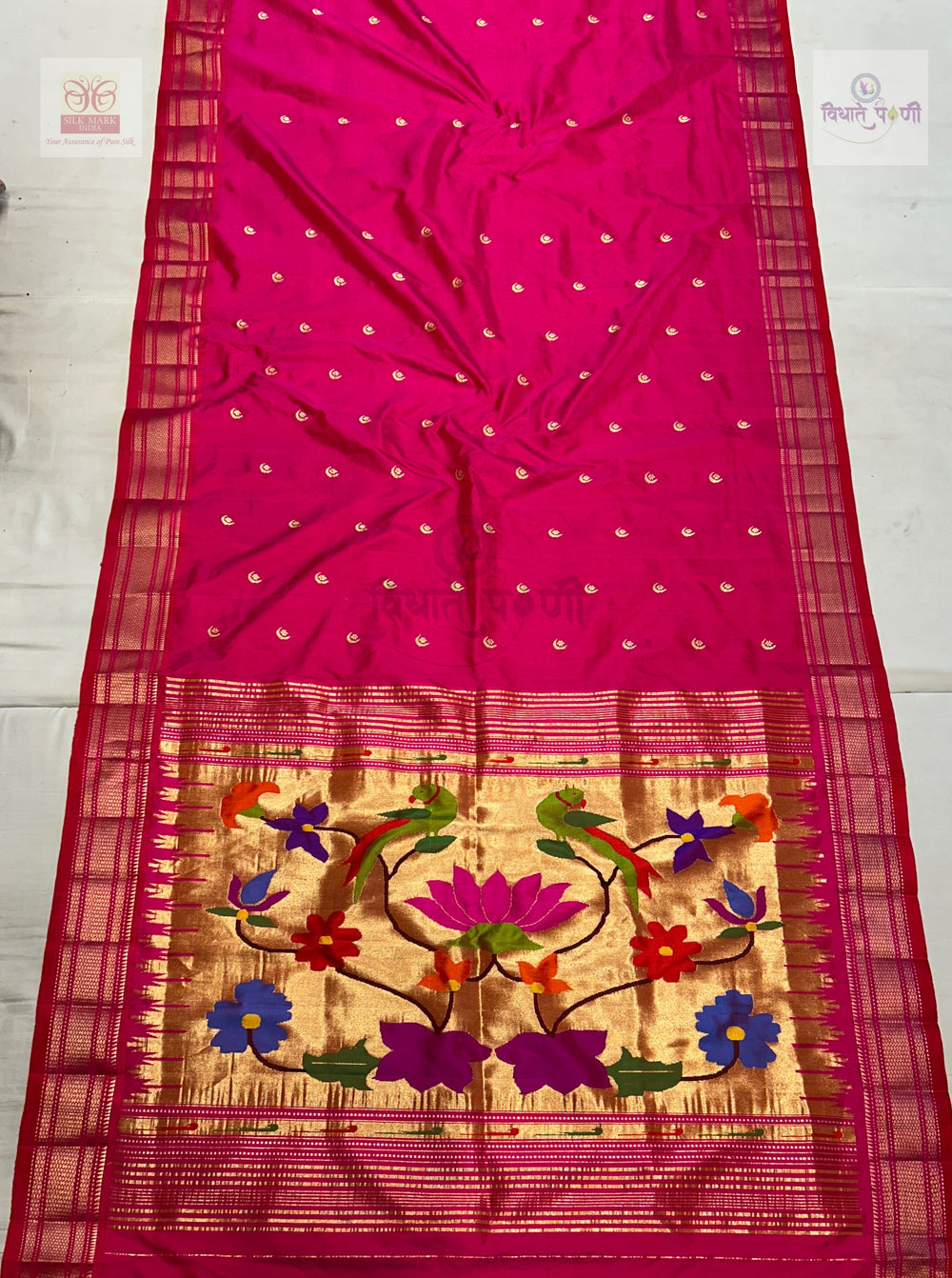 Handloom Pure Silk Chandrakor Butta Paithani Saree - Hot Pink — full saree draped and laid flat — Vidhate Paithani, Yeola