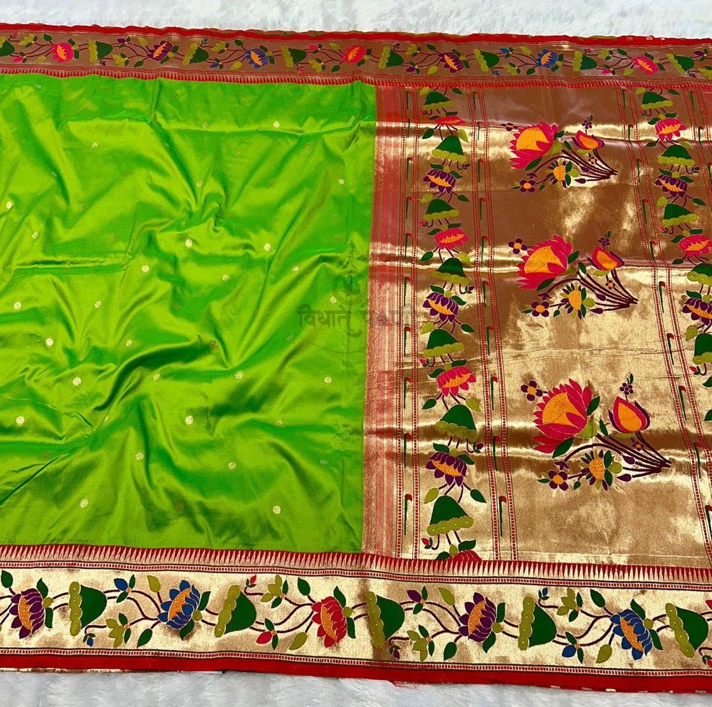 Lotus Border Soft Silk Paithani Sarees - Parrot Green