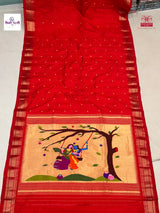 Red Handloom Pure Silk Paithani Saree - Designer Pallu — full saree draped and laid flat — Vidhate Paithani, Yeola