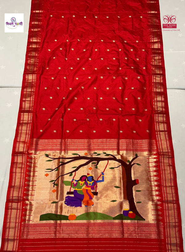 Handloom Pure Silk Chandrakor Butta Paithani Saree - Red