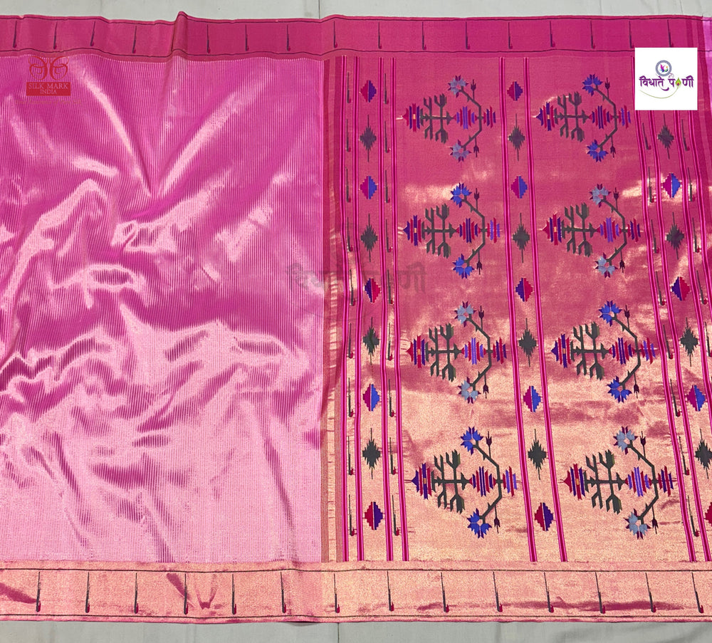 Handloom Pure Silk Single Munia Paithani Saree - Stripes - Pastel Pink