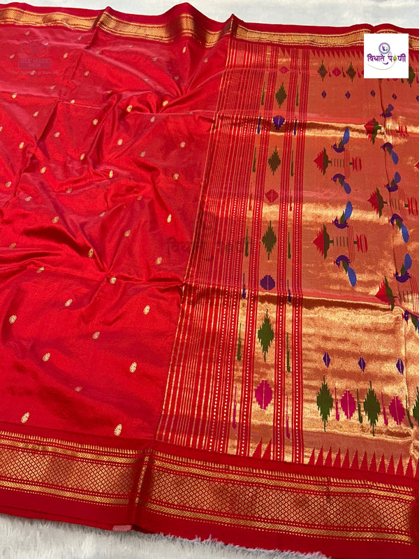 Handloom Pure Silk Double Pallu Paithani Saree - Dark Orange
