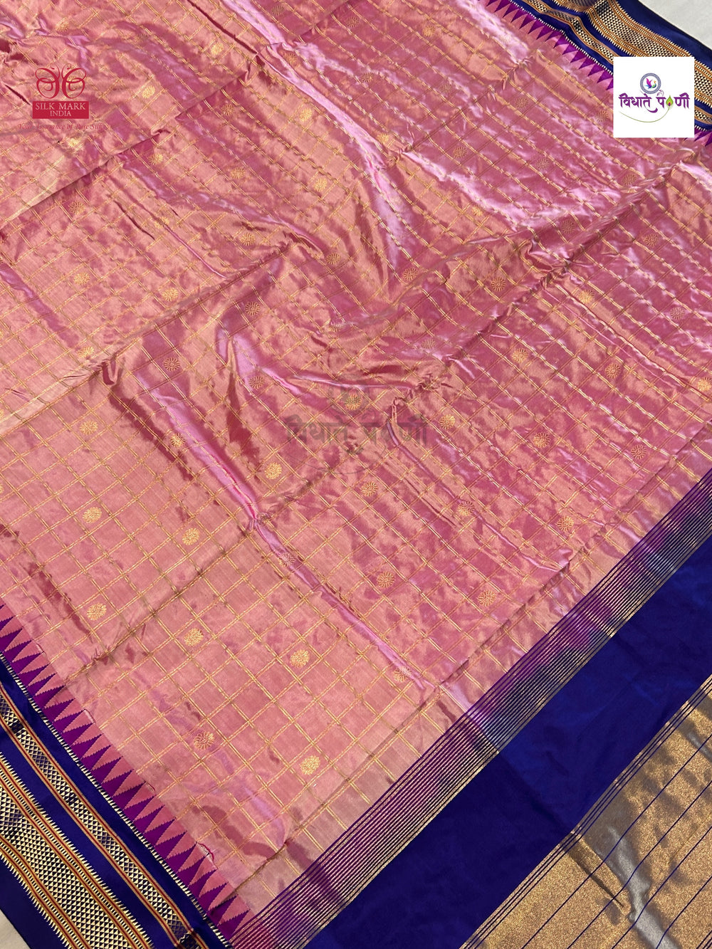 Traditional Irkal Pure Silk Checks Saree- Pastel Peach