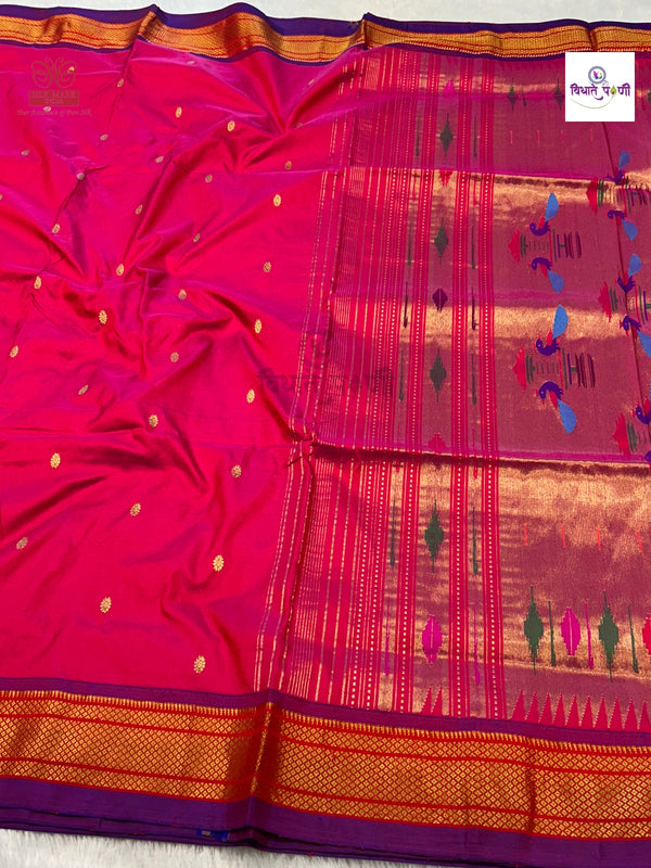 Handloom Pure Silk Double Pallu Paithani Saree - Pink Red Mix